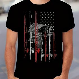 Retro Style Fishing Rod And Innovative American Flag Pattern Round Neck And Short Sleeved T-shirt (Color: Black, size: 3XL)