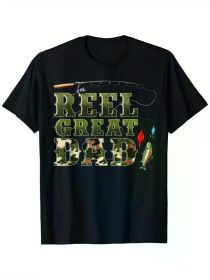 Camouflage Reel Great Dad Fishing Happy Fathers Day T-Shirt, 100% Cotton, Single Side Printed, Black Short Sleeve T-shirt (Color: Black, size: S)