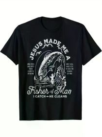 Jesus Made Me A Fisherman" Men's T-Shirt - 100% Cotton, Short Sleeve, Crew Neck with Geometric Print | Perfect for Everyday & Casual Wear (Color: Black, size: XL)