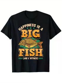 Men's 100% Cotton Fishing Humor T-Shirt - "Happiness Is A Big Fish And A Witness" Graphic, Casual Crew Neck, (Color: Black, size: XXXL)
