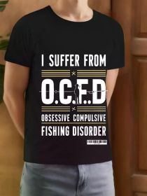 "Men's 'Suffer from OCD' Fishing Humor Black T-Shirt - 100% Cotton, Comfortable & Breathable, Round Neck Short Sleeve, (Color: Black, size: XXL)