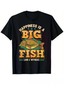Happiness Is A Big Fish And A Witness Fishermen Fishing T-Shirt, 100% cotton, fiashing novelty style t-shirt, 180g, crew neck, (Color: Black, size: L)